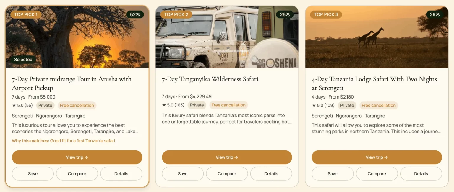 Wilder Travel safari matching results shown on a laptop